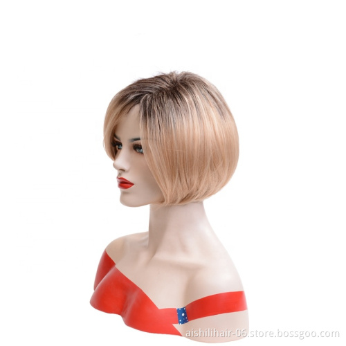 wholesale short light gold bob hair synthetic wigs silky straight  fibre synthetic hair wigs for women